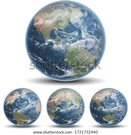 Blue planet Earth and three smaller globes on a white background. Highly realistic illustration.