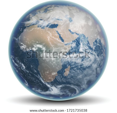 Blue planet Earth with continents and oceans. Highly realistic illustration.