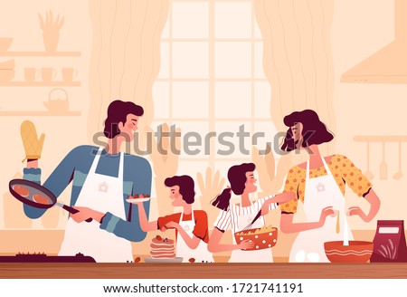Happy family cooks pancakes in the kitchen. Mom, dad, son and daughter are cooking together. Parents spend time with their children Royalty-Free Stock Photo #1721741191