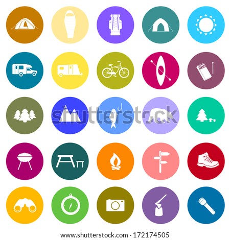 Set of camping icons. Outdoor activity symbols drawn in details in vector. Tent, trailer, camper, sleeping bag, fire, grill, mountain, forest, bear, fish. 
