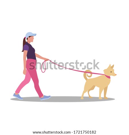Woman walking a dog in the summer. Cute vector illustration in flat style. Young woman, teenage girl or student, professional female walker walking a dog on a leash illustration