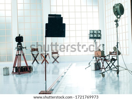 Behind the scenes of camera and set-setting equipment in professional movie studios Royalty-Free Stock Photo #1721769973