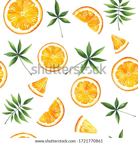 Seamless pattern of citrus orange and green leaves painted with watercolor on isolated white background. Hand drawn illustration for design fabric textile, wallpaper, cooking site, menu, poster, label
