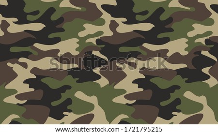 Camouflage pattern background vector. Classic clothing style masking camo repeat print. Virtual background for online conferences, online transmissions. Green brown black olive colors forest texture  Royalty-Free Stock Photo #1721795215