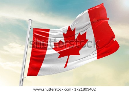 Canada national flag cloth fabric waving on the sky with beautiful sky - Image