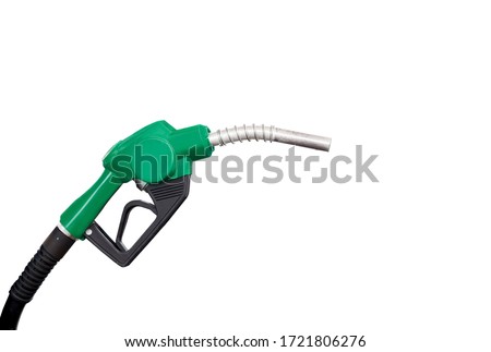 Gas nozzle with one last drop. Green gasoline nozzle on a white background. Refill and filling Oil Gas Fuel on white background. Gas station - refueling. To fill the machine with fuel.  Royalty-Free Stock Photo #1721806276