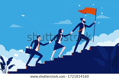 Teamwork success - Team of business people walking up staircase, holding hands with raised flag. Working together creates progress and winners concept. Vector illustration. Royalty-Free Stock Photo #1721814160