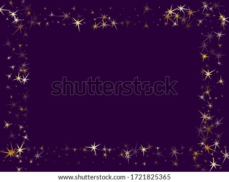 Gold stars confetti on dark violet. Geometric metallic tinsels vector background. Premium star sparkles success symbols. Sky objects decoration graphic design.