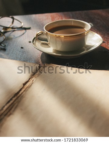 Sunny moody coffee scene on wooden background
