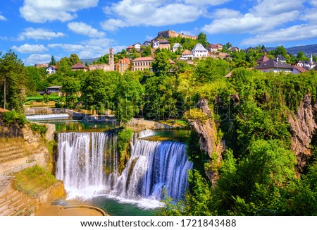 Historical Jajce town in Bosnia and Herzegovina, famous for the spectacular Pliva waterfall Royalty-Free Stock Photo #1721843488