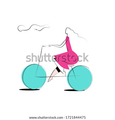 Woman in a pink dress driving the bicycle simple drawing on a white background. Mobile app or website header. Product category. Vector hand drawn character illustration in minimal style.