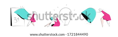 Woman character with a calendar, lightbulb and a bell interface. Concept drawings for notifications, events, idea. Mobile app or website elements. Vector illustrations collection. Empty states.
