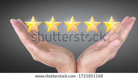 Hand of touching rise on increasing five stars. Increase rating evaluation and classification concept