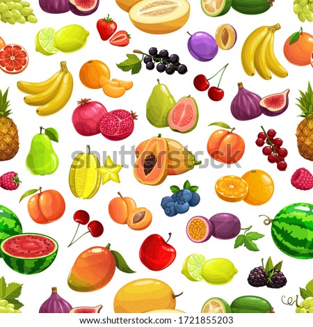 Vector pineapple and peach, banana and watermelon tropical fruit and berries seamless pattern background. Orange and pomegranate, cherry and tropic fig, starfruit carambola and papaya, mango and apple Royalty-Free Stock Photo #1721855203