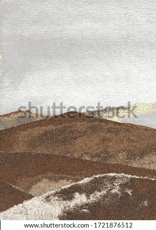 Mountain watercolor painting. Sunrise in landscape. Golden texture. Good for wall print art and background. Royalty-Free Stock Photo #1721876512