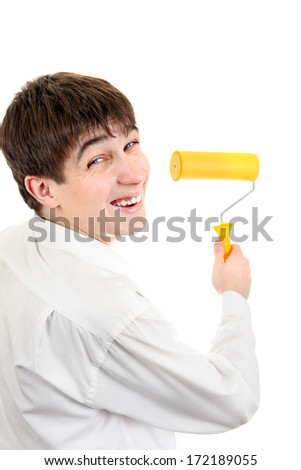 Teenager Portrait with Paint Roller Isolated on the White Background