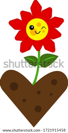 flower with red petals cute smiles and winks it grows in the ground in the shape of a heart object on a white background nature and gardening concept