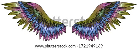 Beautiful magic glittery shiny bright green pink blue angel wings, vector