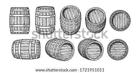 Set of old wooden barrels in different positions. Front and side view. Vintage engraving style. Black and white hand drawn vector illustrations isolated on white background.