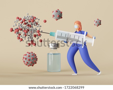 3d render. Woman doctor cartoon character destroying coronavirus covid-19 using vaccine in big syringe. Clip art isolated on neutral background. Vaccination medical concept. Vaccine against virus