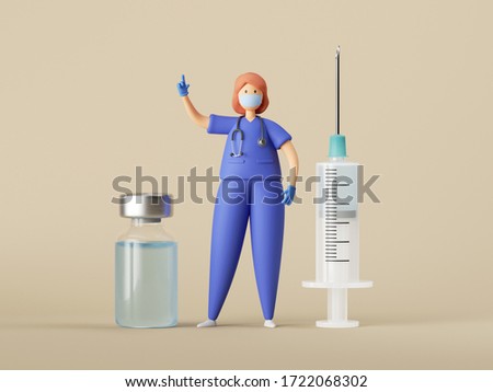 3d render. Cartoon woman doctor character with big syringe and glass bottle with clear blue liquid. Clip art isolated on neutral background. Vaccination medical concept. Vaccine against virus