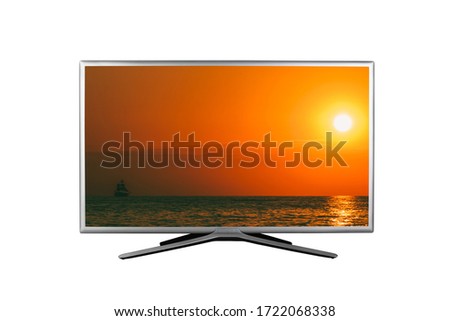 4K monitor or TV isolated on white background with a summer seascape with a sailboat at sunset