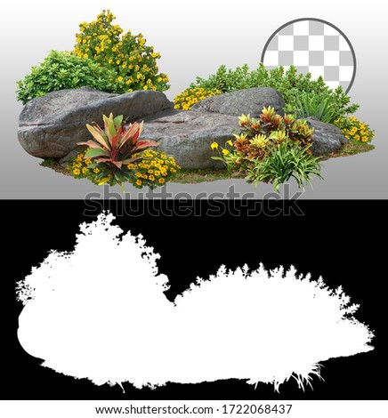 Cutout rock surrounded by flowers.
Garden design isolated on transparent background via an alpha channel. Flowering shrub and green plants for landscaping. Decorative shrub and flower bed. High qualit Royalty-Free Stock Photo #1722068437