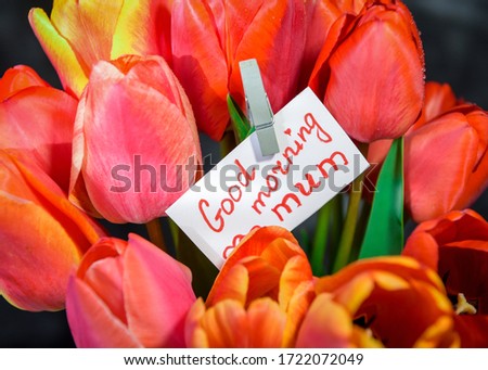 Bouquet of tulips and a note "Good morning, mum"