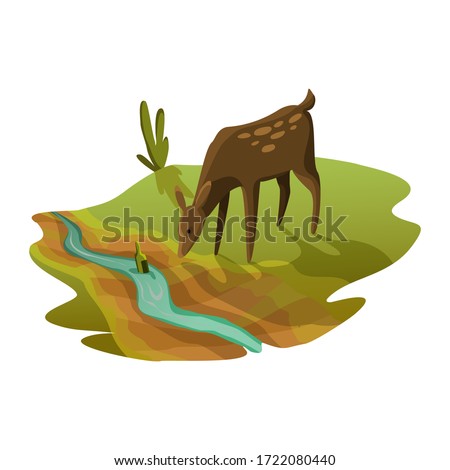 Earth global warming. The roe drinking water from the river is almost dry. Warning ecology poster. Concept global drought