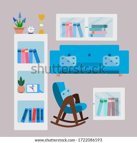 A collection of furniture for the room. Wardrobe, armchair, sofa, bookshelf. It can be used in interior design. Cartoon style