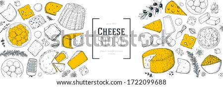 Cheese design template. Hand drawn sketch. Retro food background. Different cheese kinds banner. Dairy farm products cheese. Royalty-Free Stock Photo #1722099688