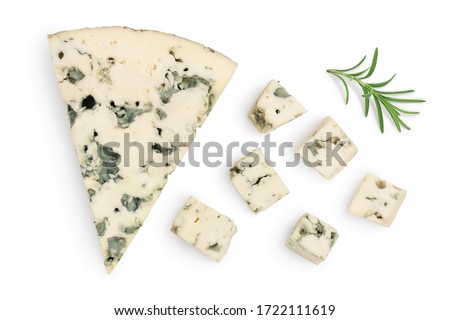 diced Blue cheese with rosemary isolated on white background with clipping path and full depth of field. Top view. Flat lay. Royalty-Free Stock Photo #1722111619