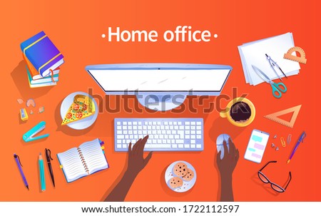Home office concept vector top view illustration with african american hands with isolated objects on orange and red gradient background.