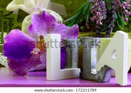 Orchid & metallic letters