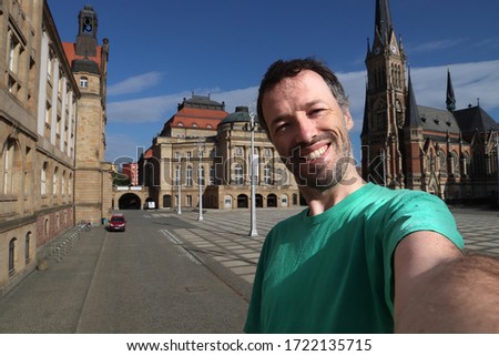 Selfie portrait in Chemnitz, Germany. Tourist visiting Chemnitz.