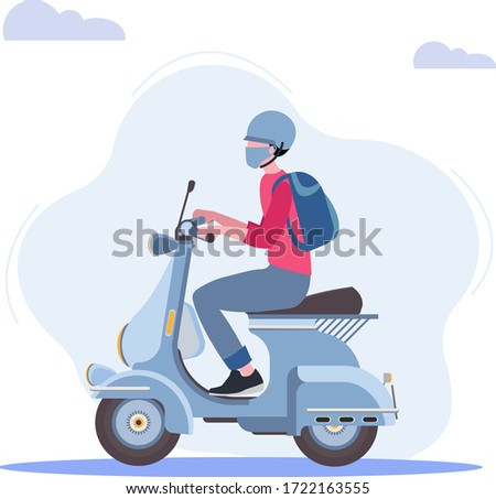 Courier for the delivery of goods on a motorcycle. Online service with delivery. Safety during the Covid19 Coronavirus epidemic. Man with face mask riding scooter motorcycle for delivery. Vector