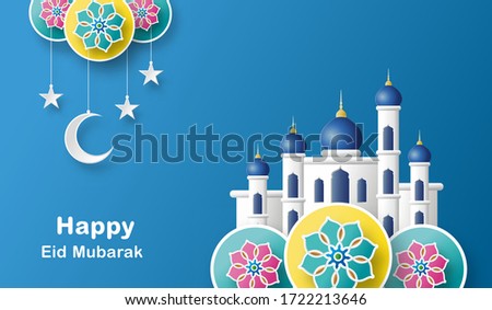 Eid greeting banner designs for Muslims with a blue background background decorated with stars and moons with mosques, paper art style, vector illustrator