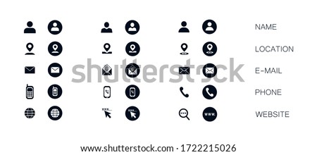 Set of modern vector business icons isolated on white background. Symbol of address, email, phone number, website. Clip art for business card design. Products and services