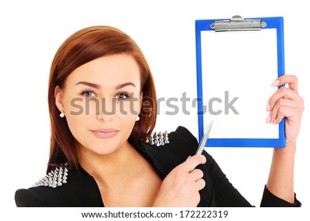 A picture of a young businesswoman showing some documents over white background