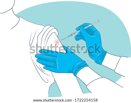 Injection process, nurse's hands in blue gloves are preparing to prick a patient’s hand with a hypodermic syringe needle Royalty-Free Stock Photo #1722254158