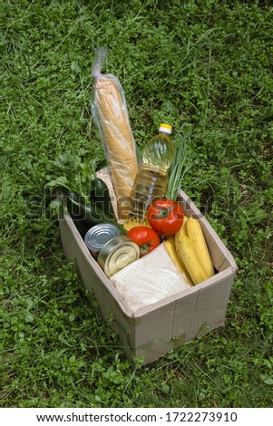 Donation box with food standing on the grass