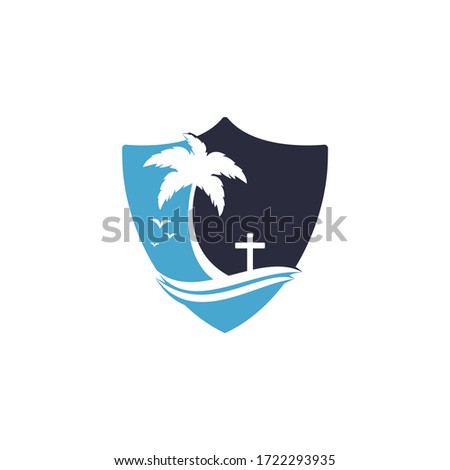 Beach Church Logo Design. Christian church cross beach vector logo design.
