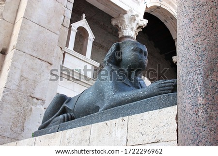 Egyptian Sphinx at the Peristyle, square in front of the cathedral of Saint Domnius, placed in the Palace of Diocletian in historic center of Split, Croatia Royalty-Free Stock Photo #1722296962