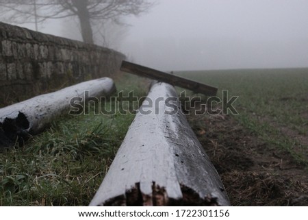 long wooden logs in foggy frosty field 