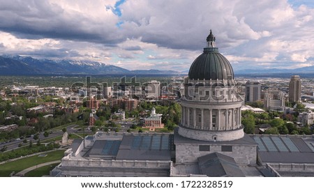 Aerial of Salt Lake Capitol Building viewing downtown Salt Lake City.