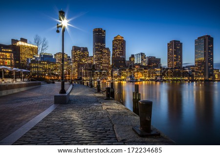 Harbor and Financial District at sunset in Boston, Massachusetts, USA.