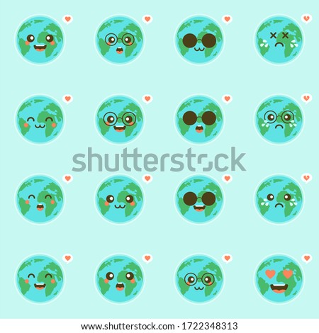 Cute funny world Earth emoji showing different emotions set of colorful characters vector Illustrations. The Earth, Globe,  save the planet, save energy, the concept of the Earth day
