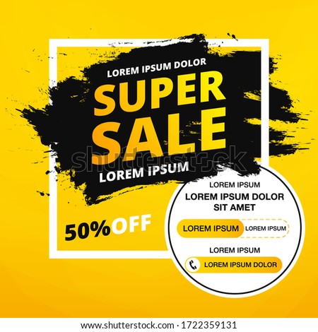 Super Sale banner. Minimal geometric abstract background. Bright design texture. Dynamic shapes composition. Discount up to 50 percent off. Yellow. Vector illustration.