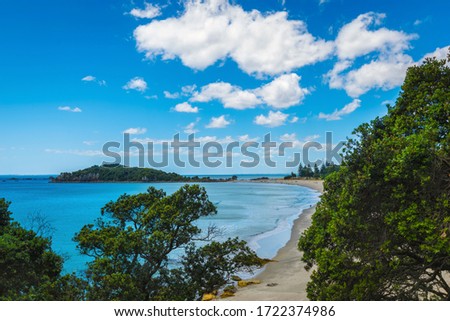 Landscape Scenery of Mount Maunganui Beach, Tauranga, New Zealand; Panoramic View during Low Tide Sea