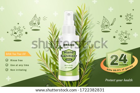Ad template of hand sanitizer spray, realistic spray bottle decoration with tea tree leaves and cute flat illustrations of germs, 3d illustration Royalty-Free Stock Photo #1722382831